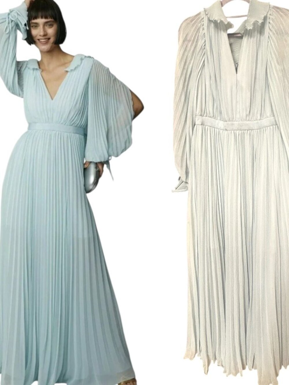 🦋 Self-Portrait Sky Blue‎ Pleated Chiffon Grecian Maxi Gown US 6